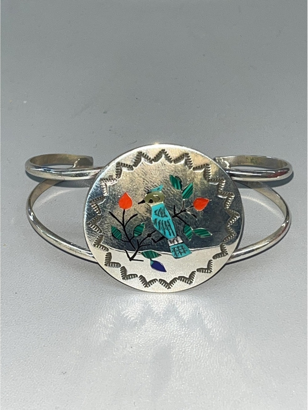 Zuni turquoise inlay sterling silver blue jay bracelet/Cuff -Raymond Boyd